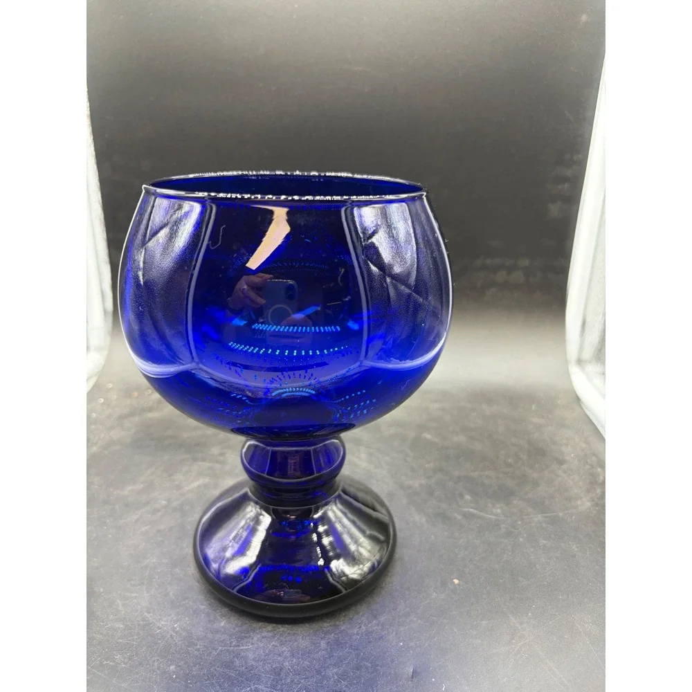 Vintage Cobalt Blue Glass Brandy Snifter Oversized Goblet Pedestal Glassware